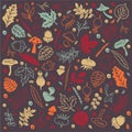 Autumn pattern with mushrooms and leaves on a dark background